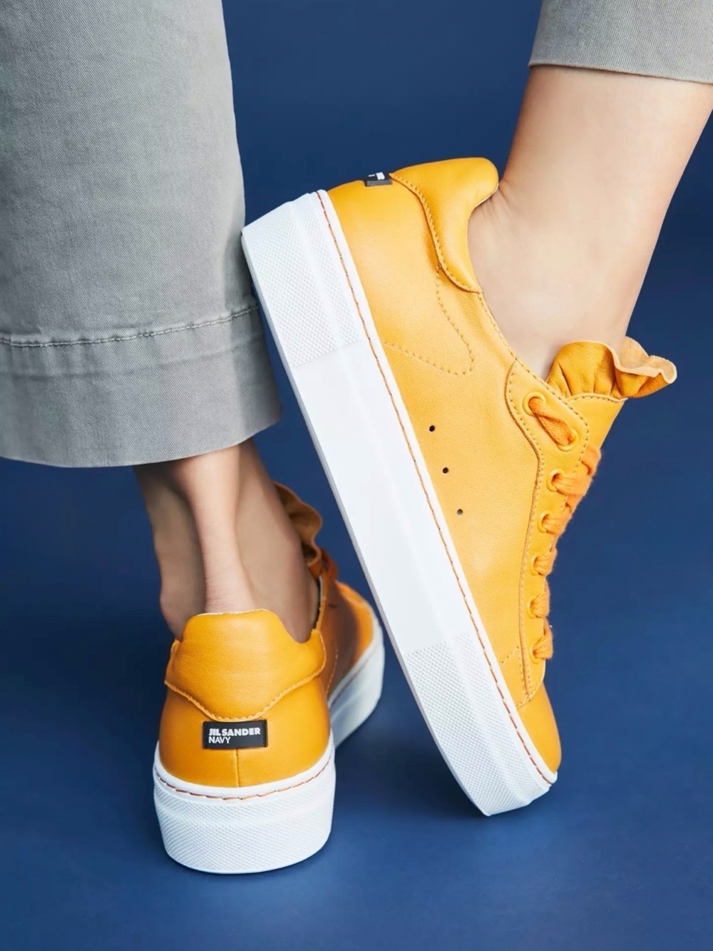 Jil Sander Navy Arancio Orange Leather Ruffled Platform Sneakers 41